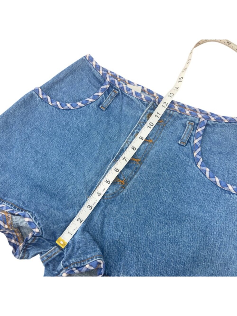 Vintage Retro High-Waisted Denim Shorts With Plaid Trim & Button Fly -Size 11/12 - Picture 6 of 11